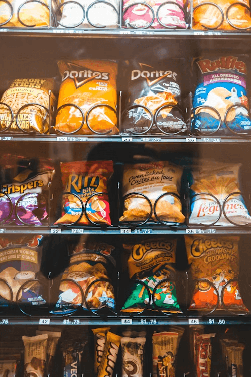 Vending machine with snacks and drinks